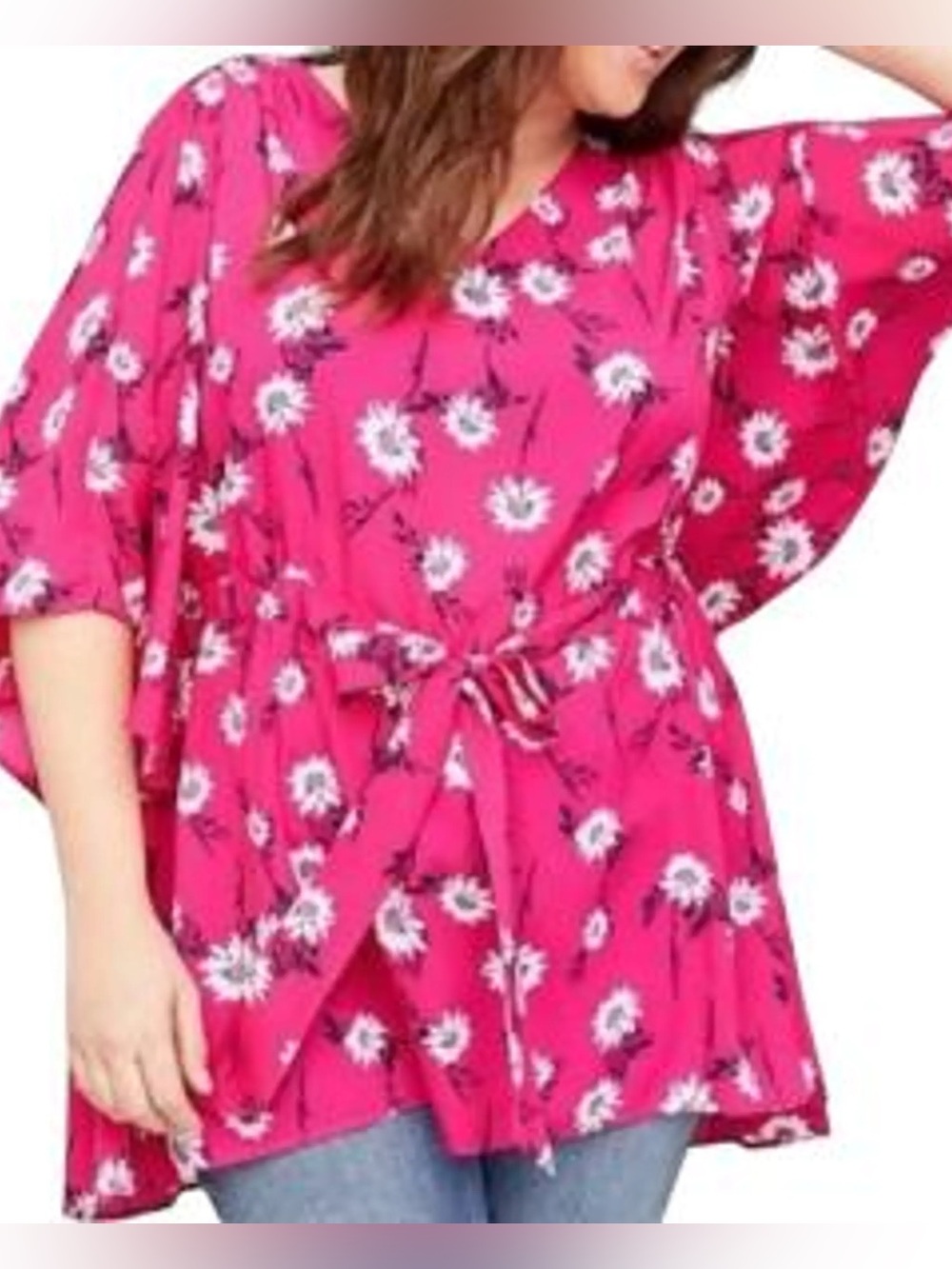 Lane Bryant Fuchsia Floral V-Neck Drawstring Women's Tunic Top